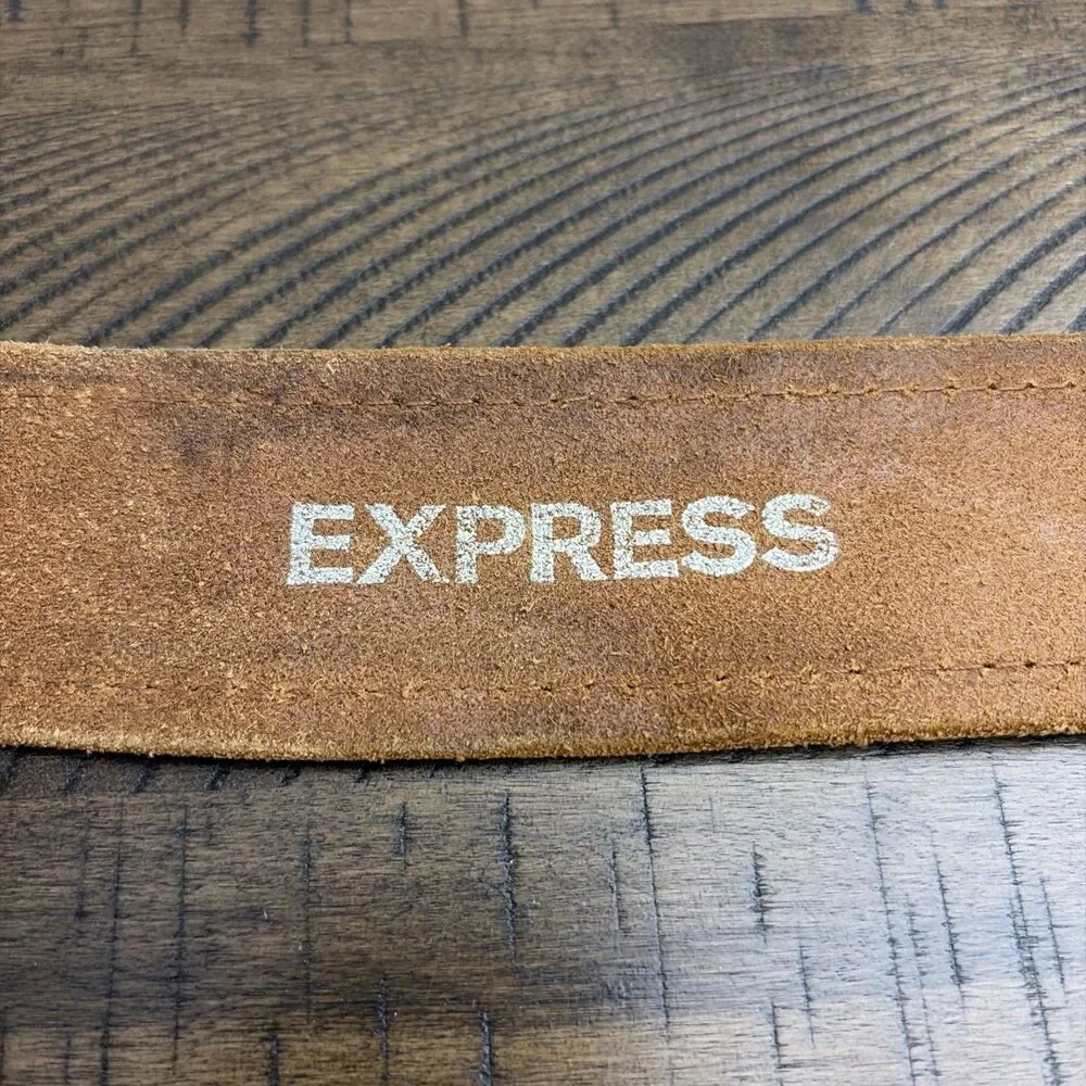 Express Brown Genuine Leather Floral Embossed Wide Studded Belt Women Size L